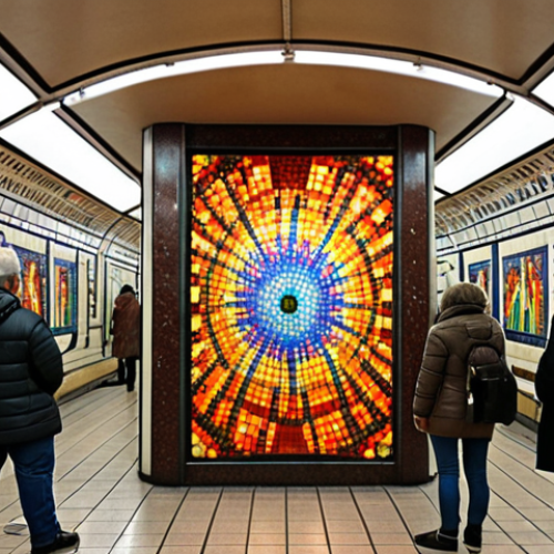 Home 4 **An interactive art installation inside a Moscow Metro station, featuring a mosaic that changes color with the number of people nearby. The style should be modern and vibrant.**
