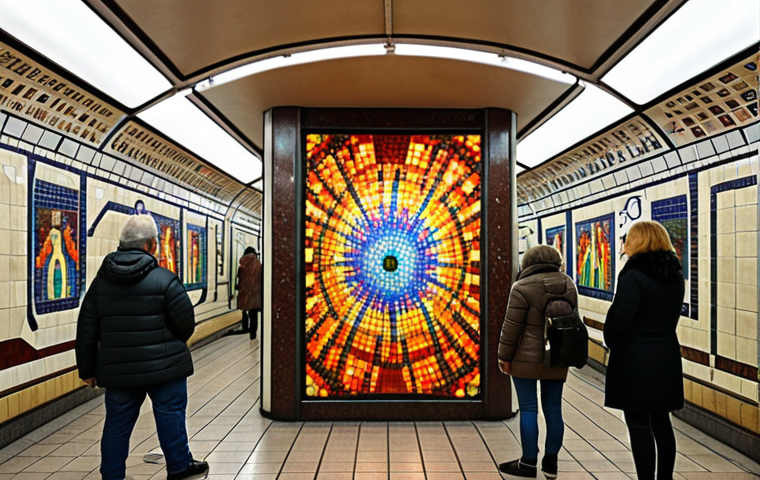 **An interactive art installation inside a Moscow Metro station, featuring a mosaic that changes color with the number of people nearby. The style should be modern and vibrant.**