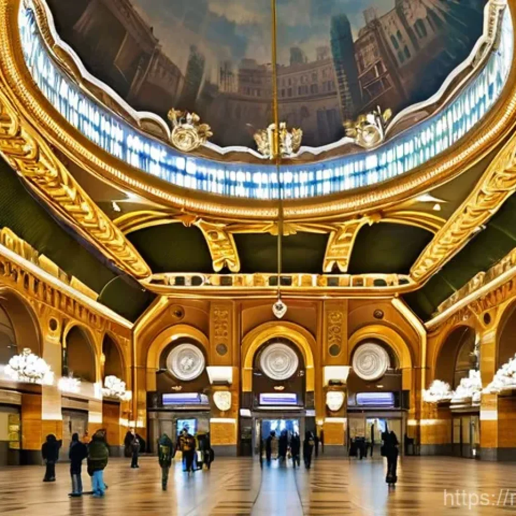 지하철 아트와 환경미술 - **"A grand, majestic interior of a Moscow Metro station, reminiscent of Mayakovskaya or Komsomolskay...