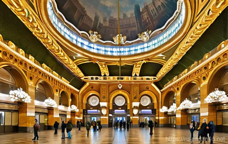지하철 아트와 환경미술 - **"A grand, majestic interior of a Moscow Metro station, reminiscent of Mayakovskaya or Komsomolskay...