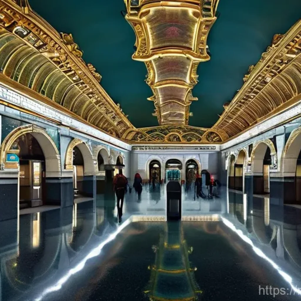 지하철 아트의 트렌드 변화 - **Dynamic Digital Fresco in a Grand Subway Hall**
A wide shot of an opulent, classic subway stat...