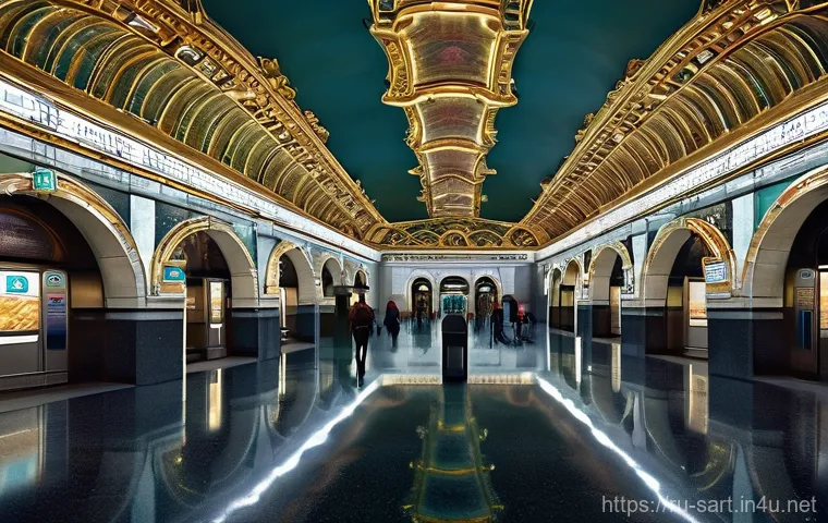 지하철 아트의 트렌드 변화 - **Dynamic Digital Fresco in a Grand Subway Hall**
A wide shot of an opulent, classic subway stat...
