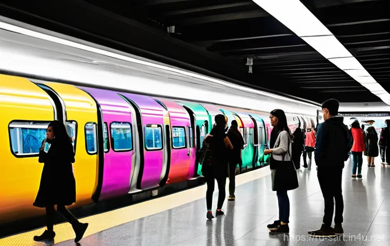 지하철 아트의 트렌드 변화 - **Interactive Light & Sound Pathway on a Modern Platform**
    A sleek, minimalist modern subway pla...