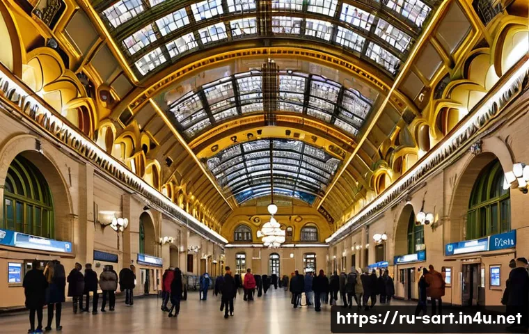 지하철 아트와 교통 문화 - **Prompt 1: Majestic Mayakovskaya Station**
"A stunning interior shot of the Mayakovskaya metro ...