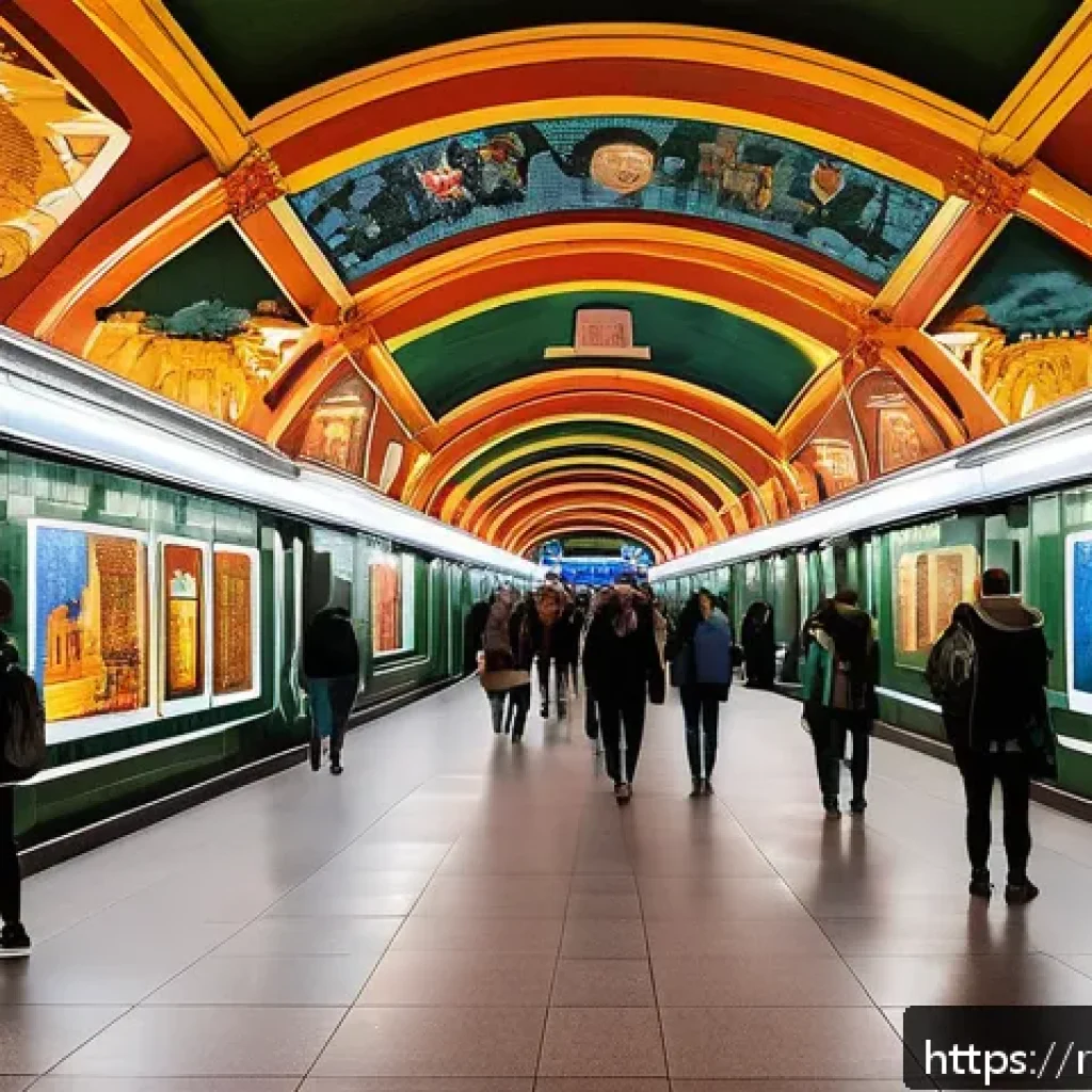 지하철 예술 문화 행사 - A vibrant Moscow metro station transformed into an art gallery, featuring historic Soviet-era mosaic...