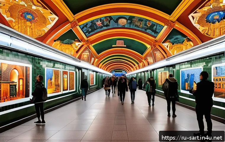 지하철 예술 문화 행사 - A vibrant Moscow metro station transformed into an art gallery, featuring historic Soviet-era mosaic...