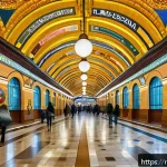 Home 21 지하철 아트와 공공미술 - A vibrant subway station interior in Moscow inspired by the "Mayakovskaya" station, featuring grandi...