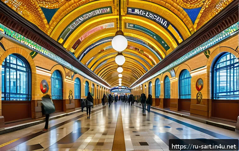 지하철 아트와 공공미술 - A vibrant subway station interior in Moscow inspired by the "Mayakovskaya" station, featuring grandi...