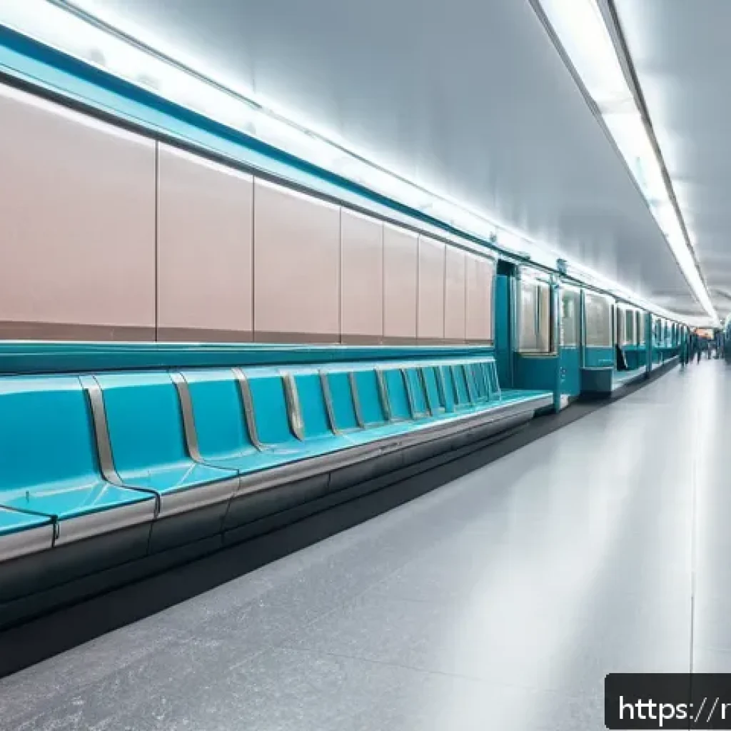 지하철 아트와 컬러 테라피 - A modern Moscow metro station interior featuring calming blue panels and soft pastel lighting, desig...