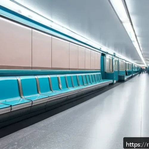 Home 32 지하철 아트와 컬러 테라피 - A modern Moscow metro station interior featuring calming blue panels and soft pastel lighting, desig...