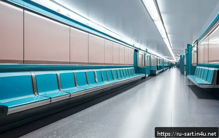 지하철 아트와 컬러 테라피 - A modern Moscow metro station interior featuring calming blue panels and soft pastel lighting, desig...