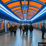 Home 19 지하철 아트 작품 기획 - A vibrant Moscow metro station platform featuring large, colorful light installations that change hu...