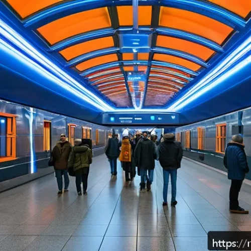 Home 31 지하철 아트 작품 기획 - A vibrant Moscow metro station platform featuring large, colorful light installations that change hu...