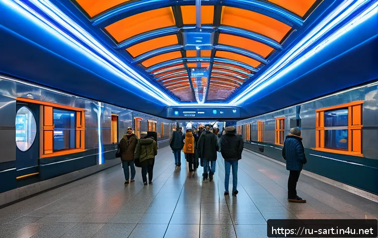 지하철 아트 작품 기획 - A vibrant Moscow metro station platform featuring large, colorful light installations that change hu...