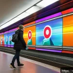 Home 18 지하철 아트와 현대 미술 - A vibrant Moscow metro station interior featuring interactive LED light panels that change colors ba...