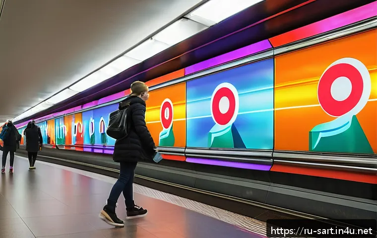 지하철 아트와 현대 미술 - A vibrant Moscow metro station interior featuring interactive LED light panels that change colors ba...