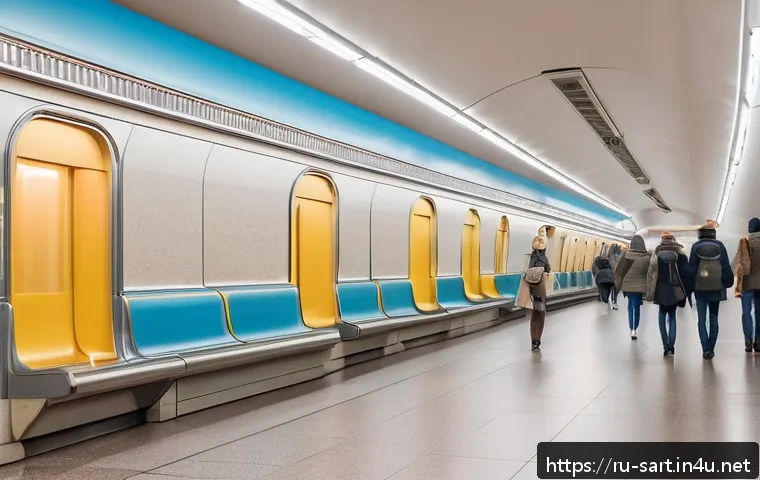 지하철 아트와 색채의 의미 - A modern Moscow metro station interior featuring harmonious pastel color palette with light beige, s...