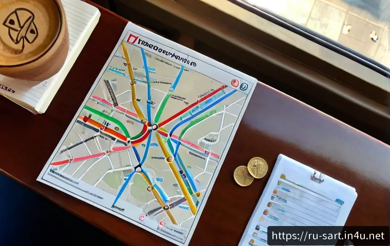 Home 17 서울 지하철 예술 지도 - Photorealistic overhead view of a Moscow Metro art exploration map spread on a clean wooden café tab...